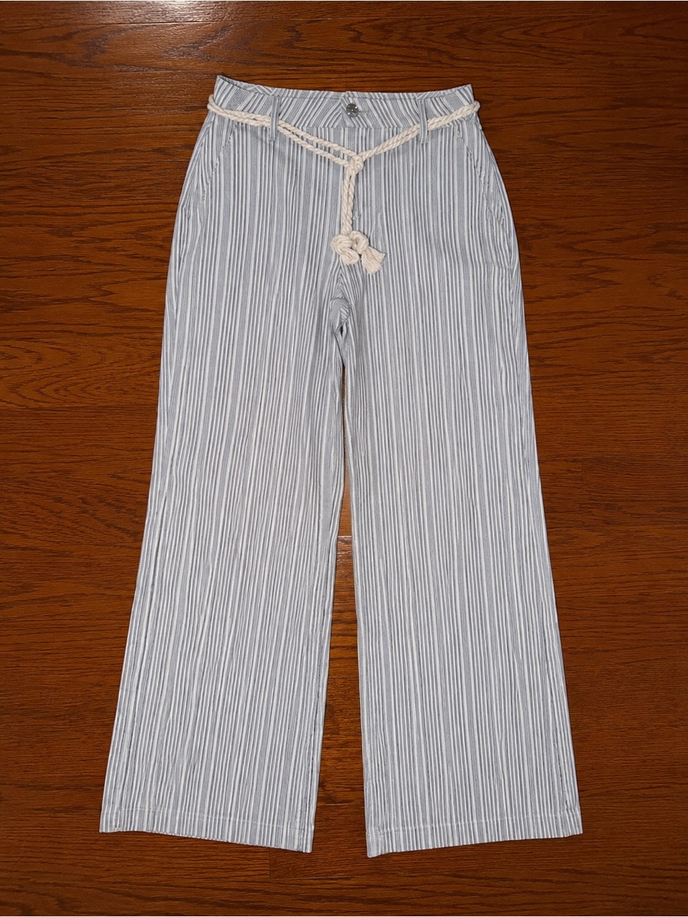 Baykan Denim Striped Boot-Cut Wide-Leg Pants with Rope Tie Sz 4 NWOT